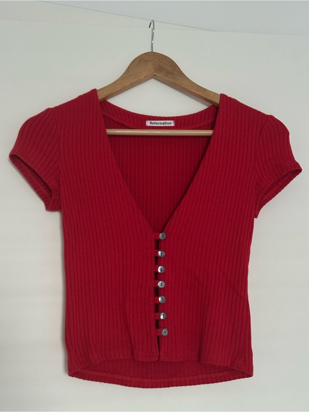 Reformation Red Ribbed Button-Front Crop Top